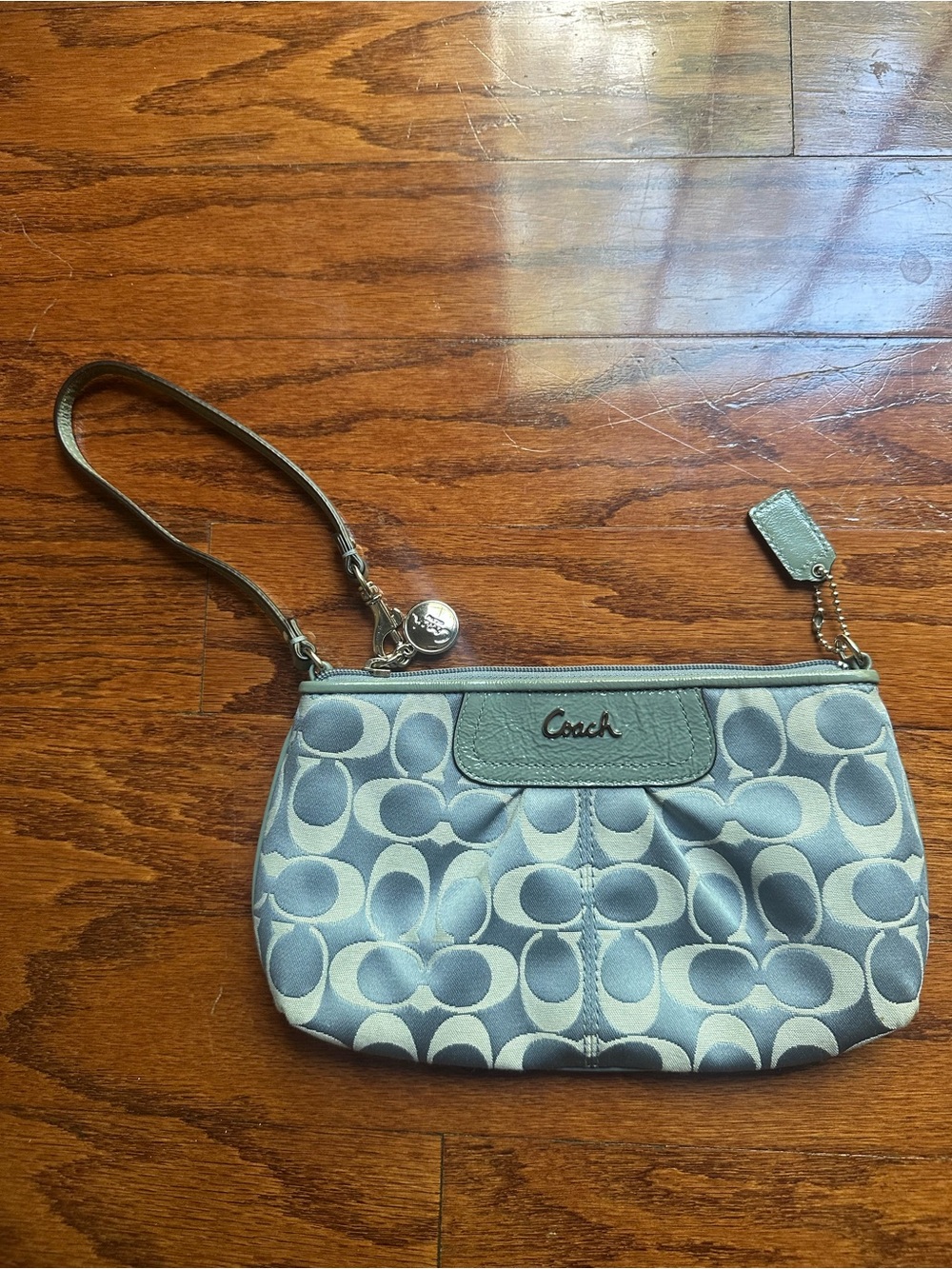 Coach Light Blue Signature Canvas Wristlet with Leather Trim